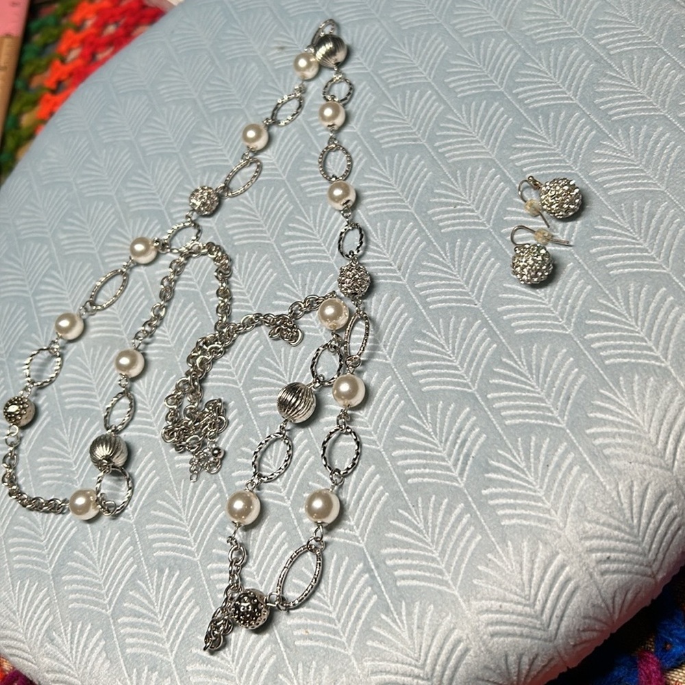 Long silver disco ball necklace and matching earrings
